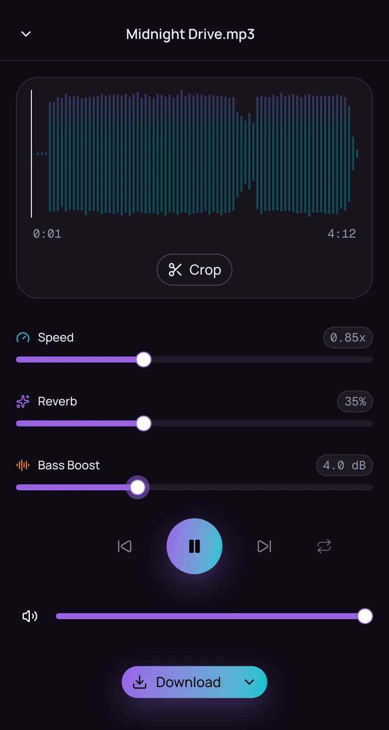 The Remix Songs studio with a track loaded: its waveform, and the speed, reverb, and bass boost controls.